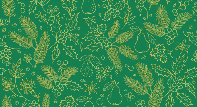 A festive and elegant seamless Christmas pattern with golden line art of holly, pears, and pine branches on a rich green background.