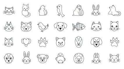 Cute Pet Icons Set: Cats, Dogs, Rabbits, Birds, Fish, Paw Prints - Line Art