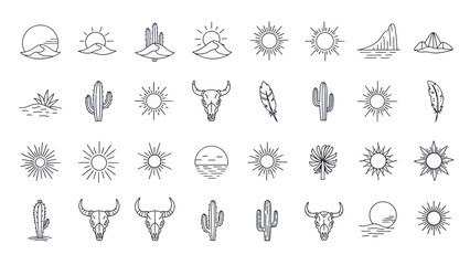 Desert Boho Icons: Sun, Cactus, Skull, Mountains - Minimalist Line Art Collection © Varas