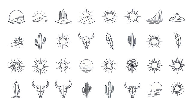 Desert Boho Icons: Sun, Cactus, Skull, Mountains - Minimalist Line Art Collection