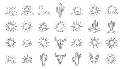 Desert Sun, Cactus, Skull Icons: Minimalist Vector Set © Varas