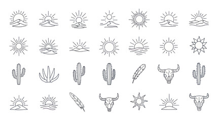 Fototapeta premium Desert Sun, Cactus, Buffalo Skull, Feather Icons - Minimalist Line Art Collection