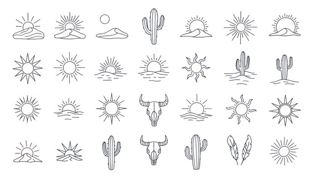 Desert Sun, Cactus, Skull Icons: Minimalist Vector Set