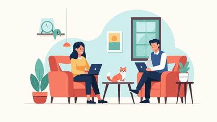 Fototapeta premium Two people working on laptops from home, with a cat nearby