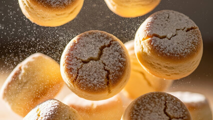 Delicious homemade biscuits with powdered sugar falling through the air in a warm, sunlit kitchen, captured in a playful, delicious moment.