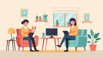 Fototapeta premium Two women and a dog relax at home with laptops and a TV