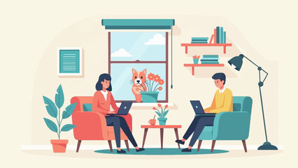 Fototapeta premium Two people working on laptops in a cozy room with a dog looking out window