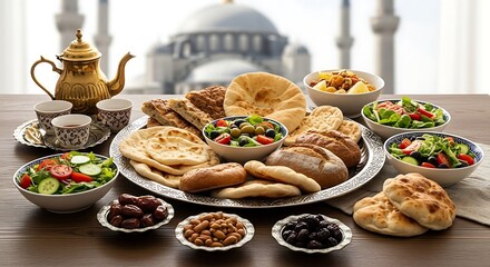 Ramadan feast with bread, dates, olives and tea