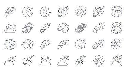 Cosmic Icons: Stars, Meteors, Galaxies, Moon, Planets & Clouds - Line Art Set