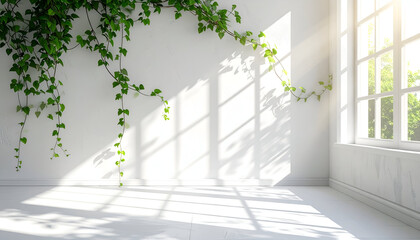 Embracing the Light: A bright, sunlit room with climbing vines, the interplay of light and shadow creates a serene and inviting atmosphere.