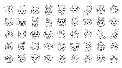 Obraz premium Cute Animal Faces and Paws Icons: Dog, Cat, Rabbit, Bird, Fish - Line Art Collection