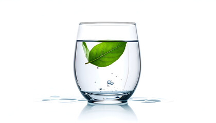 Pure refreshment in a glass: A simple glass of water is presented with a touch of elegance, holding a refreshing, green leaf. A symbol of hydration, health and simplicity.