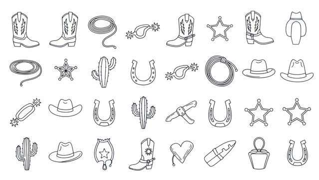 Cowboy Western Icon Set: Boots, Hats, Cactus, Lasso, Horseshoe, Star