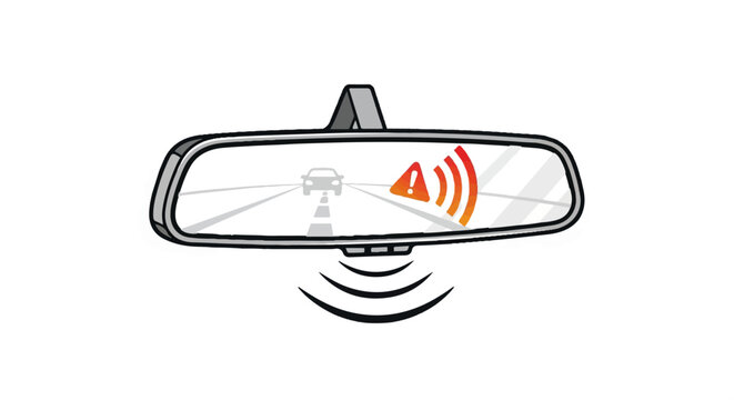 Rearview mirror shows approaching vehicle with proximity warning indicator and sensor signals