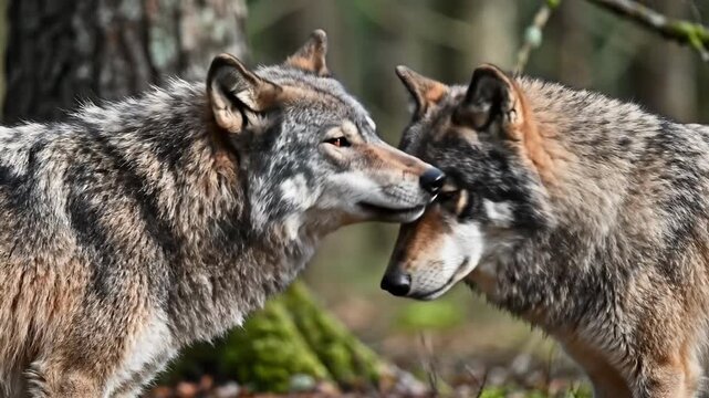Two wolves interacting closely in a forest, showing social bonding and communication.