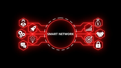 Fototapeta premium concept with glowing technology icons on a dark background. Futuristic digital network showing business growth, startup ideas, strategy, security, target achievement,