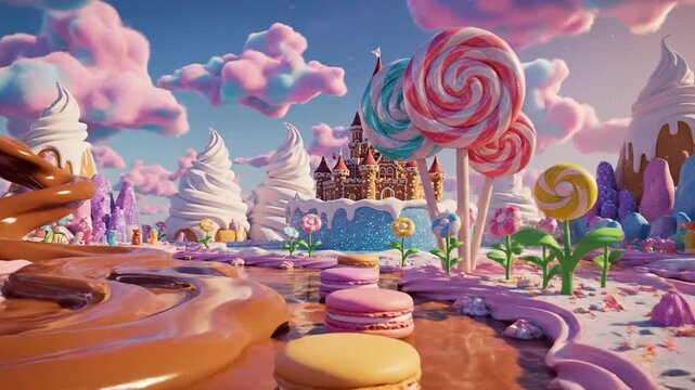 Whimsical candy land landscape with lollipop trees ice cream mountains and chocolate river fantasy illustration for childrens stories and sweet dreams