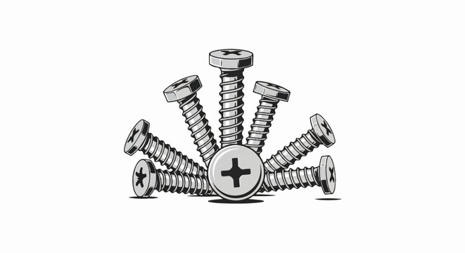 A fanned-out arrangement of metal screws with criss-cross heads on a white background