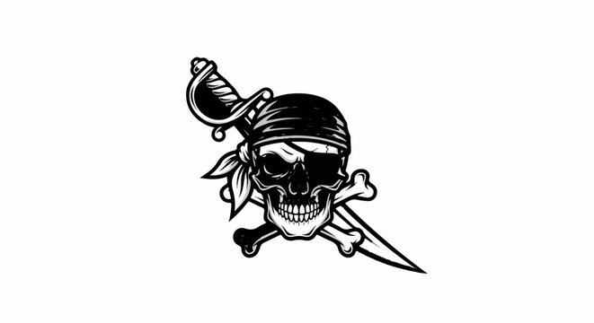 Stylized skull with bandana, crossed bones, and saber, a pirate emblem