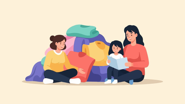 Two women and a child sit together in front of a pile of colorful clothes