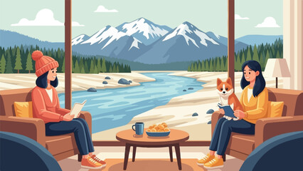 Fototapeta premium Two women and a dog relax indoors with a mountain river view