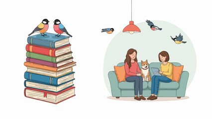 Two women and a dog relax on a couch near a tall stack of books and flying birds