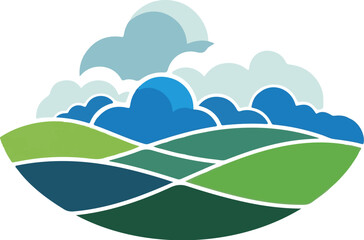 Fototapeta premium Stylized rolling green hills under a sky filled with abstract clouds in blues