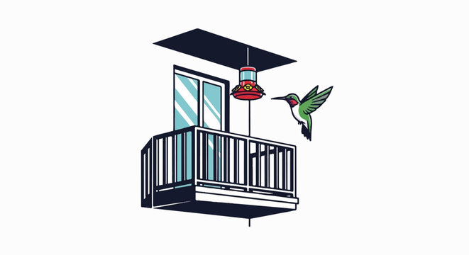 A hummingbird approaches a red feeder hanging from a balcony with a window