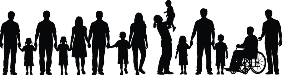 Happy Family Silhouette Set Featuring Father Mother and Two Children Cheering with Arms Raised for Summer Vacation and Togetherness Concept