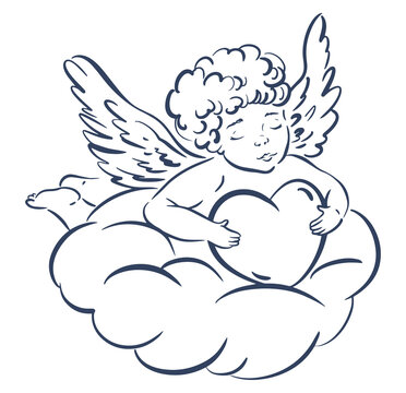 Line vector illustration of cupid angel on cloud with heart. Hand drawn outline style. Used for valentine card, wedding design, sticker, postcard, and decoration.
