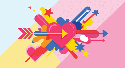A vibrant and colorful illustration of hearts and arrows on a pastel background