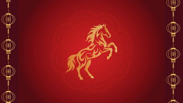 Glowing Chinese Zodiac Horse with Lanterns on Red Background