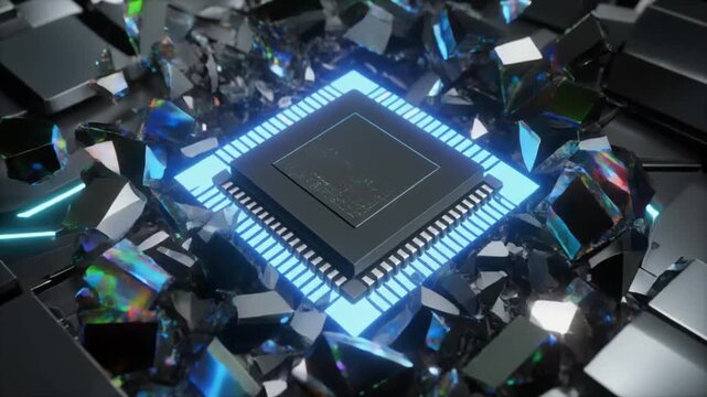 Exploding microchip in a futuristic setting with neon lights