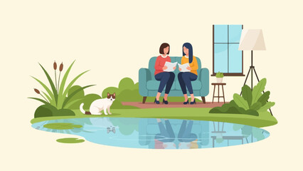 Fototapeta premium Two women on couch read papers by pond with cat and reeds
