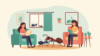 Fototapeta premium Two women sit reading books indoors, ants are on the floor and windowsill