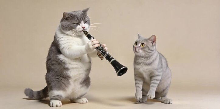 Big cat enthusiastically playing a clarinet off-key, the discordant sound echoing through a cozy living room as a nearby little cat progressively gets more irritated, fur and tail twitching