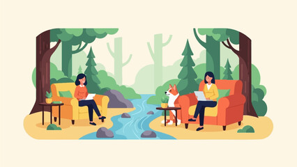 Fototapeta premium Two women with a dog relax by a stream in a forest