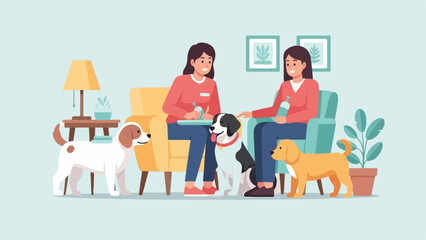 Obraz na płótnie Canvas Two women with dogs relaxing indoors on sofas with home decor