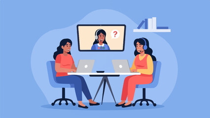Fototapeta premium Two women with headsets interact on laptops, with a third on a screen
