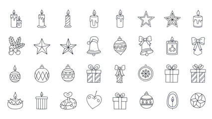 Fototapeta premium Christmas Icons Set: Hand-drawn festive elements including candles, stars, ornaments, gifts, bells, and more.