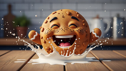 Happy cartoon gingerbread cookie character splashing in milk on a wooden table, with a kitchen background, conveying fun and delight.