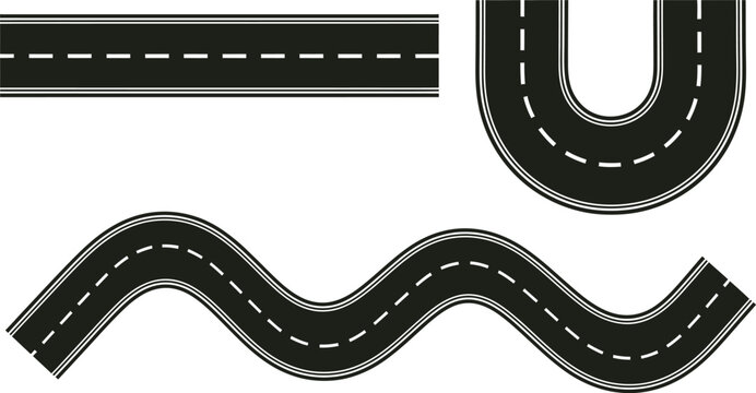 Three black road designs on white background straight u turn and wavy roads with dashed white lines for navigation and planning
