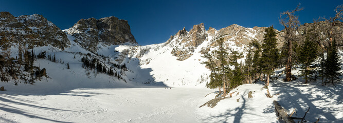 Panorama Of Frozen Emerald Lake And Surrounding Mountains In Rocky Mountains
