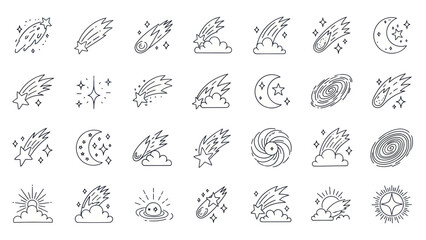 Cosmic Elements Icon Set: Meteors, Stars, Moon, Galaxy and Sun Line Art © Kiki