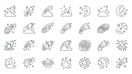 Cosmic Icons: Meteors, Stars, Moon, Clouds, Galaxy, UFO, Sun Line Art © Kiki