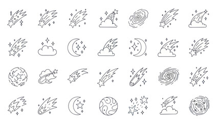 Cosmic Icons: Meteors, Stars, Moon, Clouds, Planets, Galaxy - Line Art © Kiki