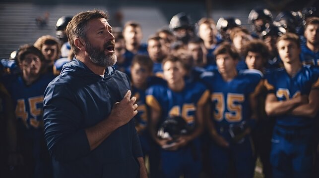 Bearded football coach standing with hand over heart, showing respect and patriotism during an anthem with his youth team in blue uniforms at a sports stadium
