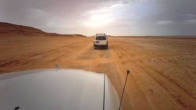 Travel adventure - Driving to Ong Jmal - The camel's neck, desert and site of Star Wars and The English Patient films, near Nefta, Tunisia, North Africa, Africa - 8th of October 2024