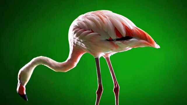 A graceful flamingo bends its neck while standing on slender legs