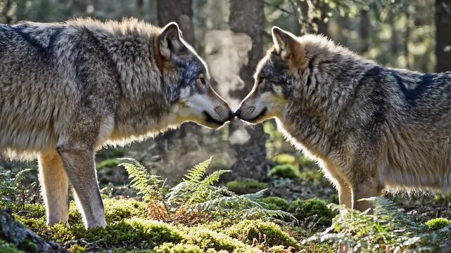 Two wolves interacting closely in a sunlit forest, showing affection and connection.